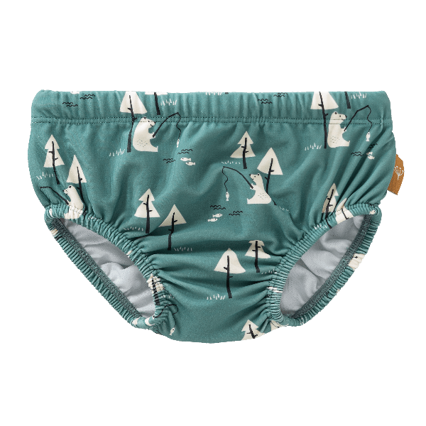 Blue swim diaper pants for boys with UV protection 50. Made of eco-friendly recycled nylon keeping your little one safe, dry, and comfy for splashy beach or pool fun.
 