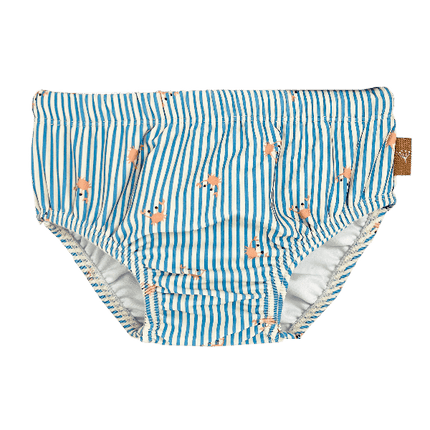 Striped blue & cream-Crab print swim diaper pants for boys  with UV protection 50. Made of eco-friendly recycled nylon keeping your little one safe, dry, and comfy for splashy beach or pool fun.