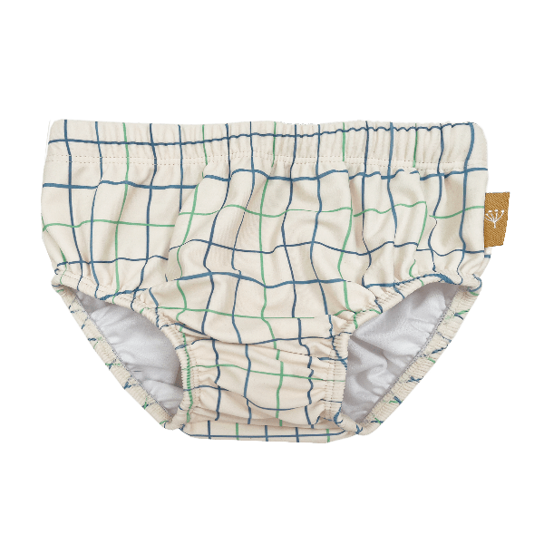 Cream with blue & green stripes Fresk swim pants for boys with UV protection 50. Made of eco-friendly recycled nylon keeping your little one safe, dry, and comfy for splashy beach or pool fun.
 