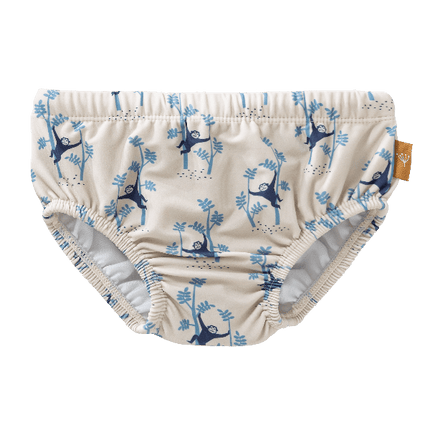 Cream with blue monkey print swim diaper pants for boys with UV protection 50. Made of eco-friendly recycled nylon, with an absorbent inner layer keeping your little one safe, dry, and comfy for splashy beach or pool fun.
