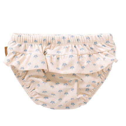 Cream with blue Floral print Fresk swim pants for girls  with UV protection 50. Made of eco-friendly recycled nylon keeping your little one safe, dry, and comfy for splashy beach or pool fun.
 