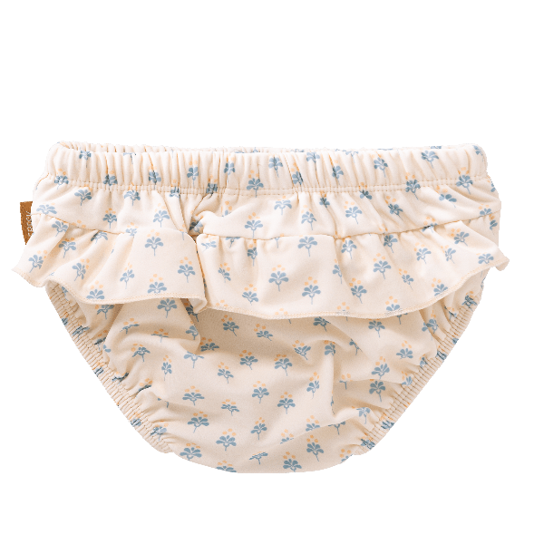 Cream with blue Floral print Fresk swim pants for girls  with UV protection 50. Made of eco-friendly recycled nylon keeping your little one safe, dry, and comfy for splashy beach or pool fun.
 