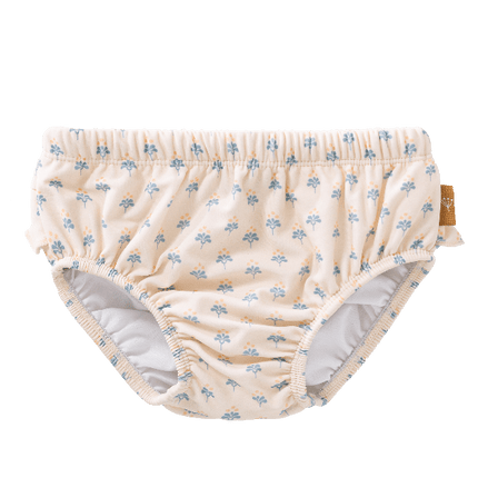 Cream with blue floral prints swim diaper pants for girls with UV protection 50. Made of eco-friendly recycled nylon keeping your little one safe, dry, and comfy for splashy beach or pool fun.
 