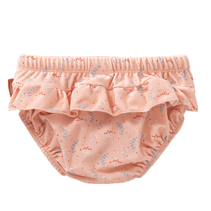Peach - Mimosa print swim diaper pants for girls with UV protection 50. Made of  eco-friendly recycled nylon keeping your little one safe, dry, and comfy for splashy beach or pool fun.