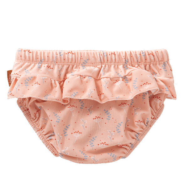 Peach - Mimosa print swim diaper pants for girls with UV protection 50. Made of  eco-friendly recycled nylon keeping your little one safe, dry, and comfy for splashy beach or pool fun.