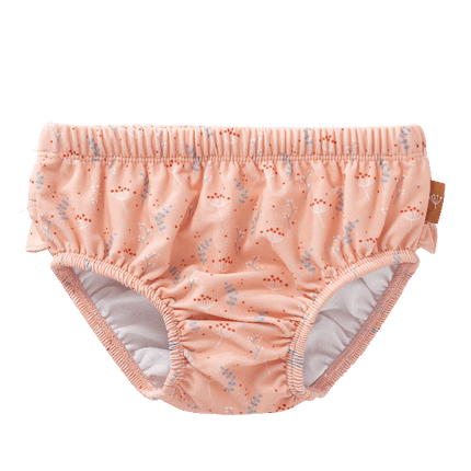Peach-blue floral print swim diaper pants for girls from Fresk. Made of eco-friendly recycled nylon, with an absorbent inner layer and UPF 50+ protection—keeping your little one safe, dry, and comfy for splashy beach or pool fun.
 