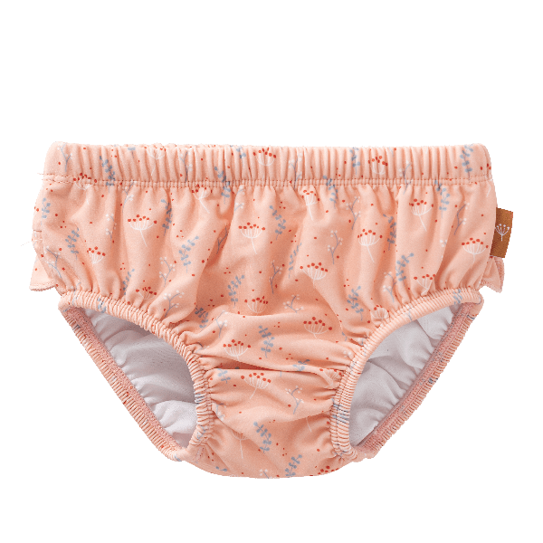 Peach-blue floral print swim diaper pants for girls from Fresk. Made of eco-friendly recycled nylon, with an absorbent inner layer and UPF 50+ protection—keeping your little one safe, dry, and comfy for splashy beach or pool fun.
 