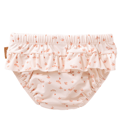 Cream-Butterfly print Fresk swim diaper pants for girls with UV protection 50. Made of eco-friendly recycled nylon keeping your little one safe, dry, and comfy for splashy beach or pool fun.