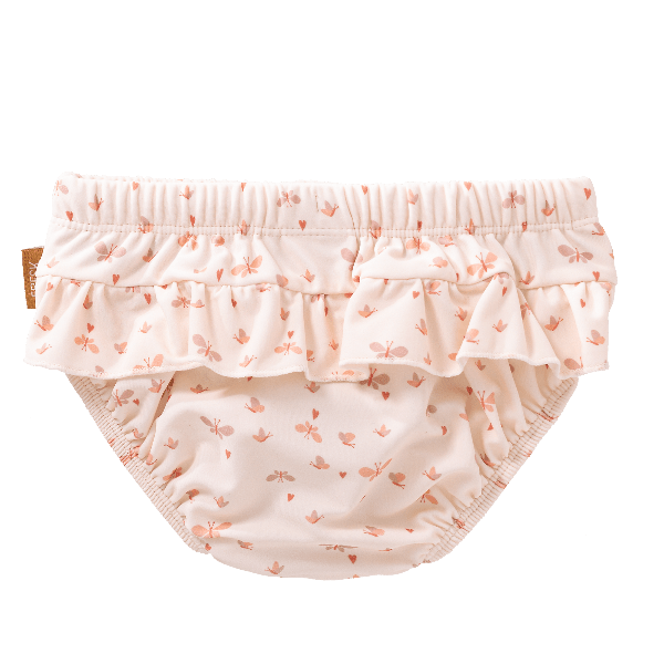 Cream-Butterfly print Fresk swim diaper pants for girls with UV protection 50. Made of eco-friendly recycled nylon keeping your little one safe, dry, and comfy for splashy beach or pool fun.