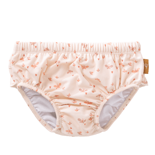 Cream swim diaper pants for girls with UV protection 50. Made of eco-friendly recycled nylon keeping your little one safe, dry, and comfy for splashy beach or pool fun.
 
