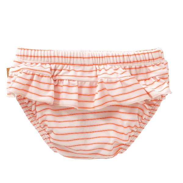 Striped cream & peach Fresk swim diaper pants for girls with UV protection 50. Made of eco-friendly recycled nylon keeping your little one safe, dry, and comfy for splashy beach or pool fun.
 