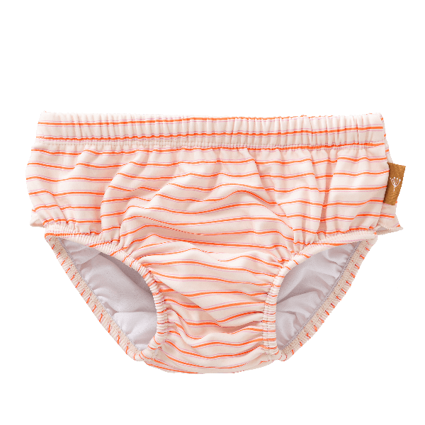Striped cream & peach swim diaper pants for girls with UV protection 50. Made of eco-friendly recycled nylon keeping your little one safe, dry, and comfy for splashy beach or pool fun.