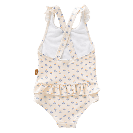 Cream-blue floral print Fresk swim Tanksuit for girls with flared straps and summer stripes made from eco-friendly recycled nylon with SPF 50 protection—keeping your little angel safe, stylish, and ready for beach or pool fun.