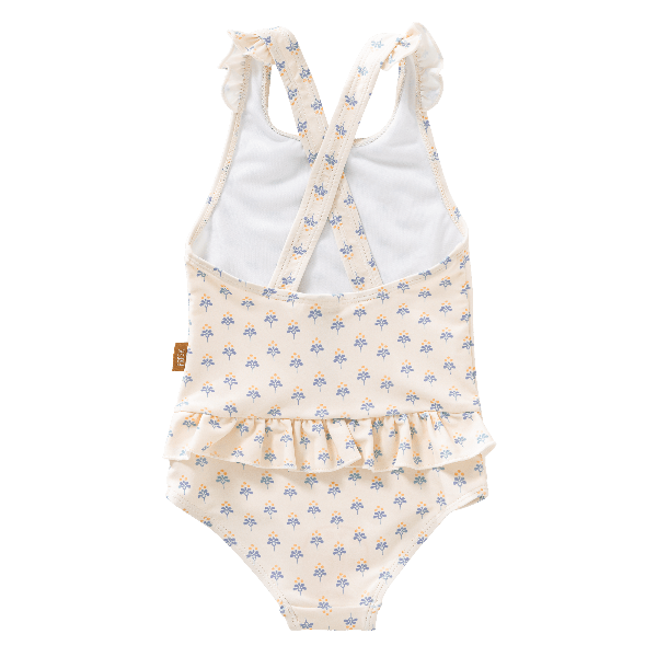 Cream-blue floral print Fresk swim Tanksuit for girls with flared straps and summer stripes made from eco-friendly recycled nylon with SPF 50 protection—keeping your little angel safe, stylish, and ready for beach or pool fun.