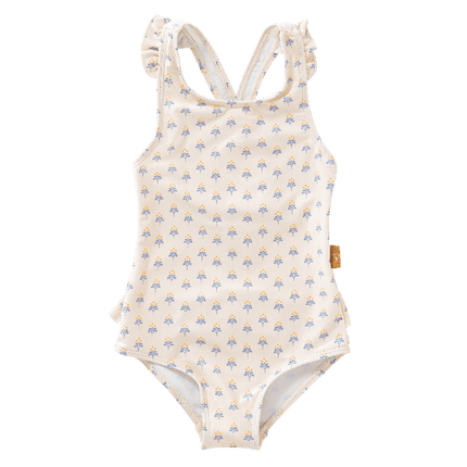 Cream-blue floral print Fresk swim Tanksuit for girls with flared straps and summer stripes made from eco-friendly recycled nylon with SPF 50 protection—keeping your little angel safe, stylish, and ready for beach or pool fun.
 
 