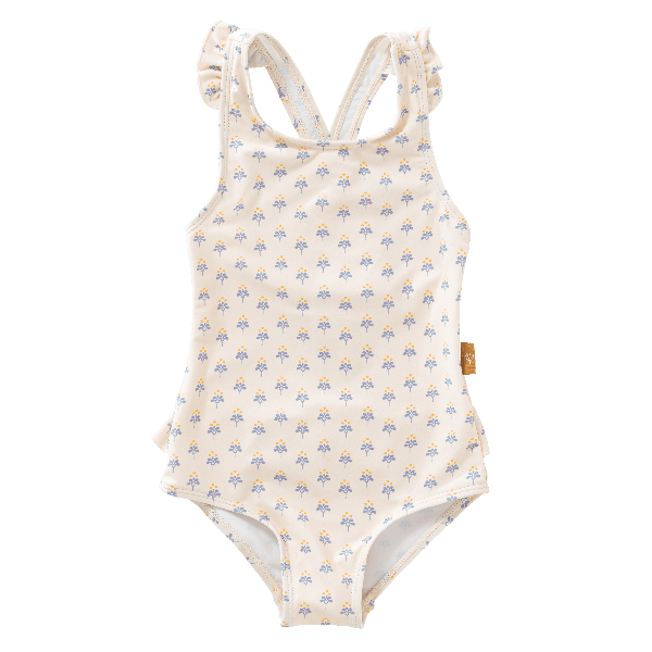 Cream-blue floral print Fresk swim Tanksuit for girls with flared straps and summer stripes made from eco-friendly recycled nylon with SPF 50 protection—keeping your little angel safe, stylish, and ready for beach or pool fun.
 
 
