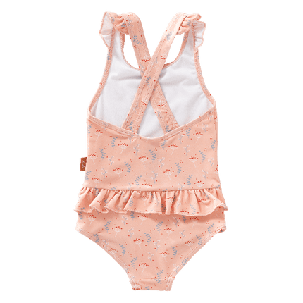 Peach Fresk swim Tanksuit with flared straps and summer stripes made from eco-friendly recycled nylon with SPF 50 protection—keeping your little angel safe, stylish, and ready for beach or pool fun.