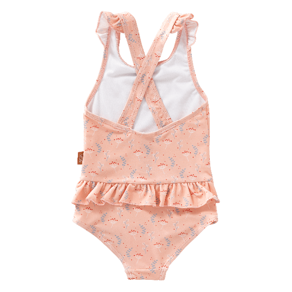 Peach Fresk swim Tanksuit with flared straps and summer stripes made from eco-friendly recycled nylon with SPF 50 protection—keeping your little angel safe, stylish, and ready for beach or pool fun.