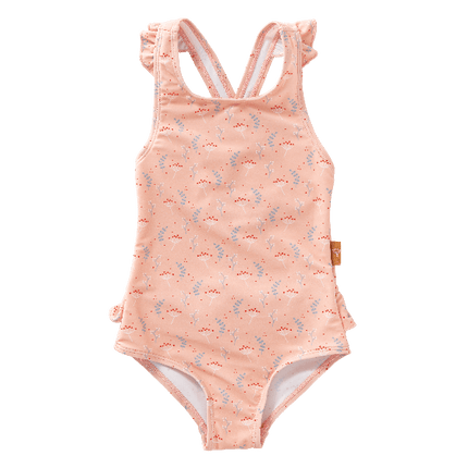Peach Fresk swim Tanksuit with flared straps and summer stripes made from eco-friendly recycled nylon with SPF 50 protection—keeping your little angel safe, stylish, and ready for beach or pool fun.