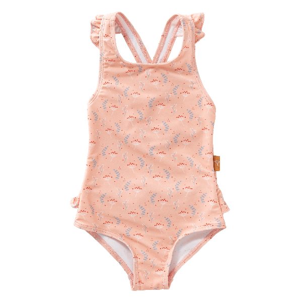 Peach Fresk swim Tanksuit with flared straps and summer stripes made from eco-friendly recycled nylon with SPF 50 protection—keeping your little angel safe, stylish, and ready for beach or pool fun.