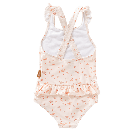 Cream-butterfly print Fresk swim Tanksuit for girls with flared straps and summer stripes made from eco-friendly recycled nylon with SPF 50 protection—keeping your little angel safe, stylish, and ready for beach or pool fun.
