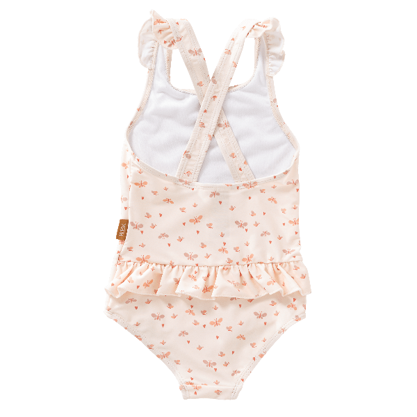 Cream-butterfly print Fresk swim Tanksuit for girls with flared straps and summer stripes made from eco-friendly recycled nylon with SPF 50 protection—keeping your little angel safe, stylish, and ready for beach or pool fun.