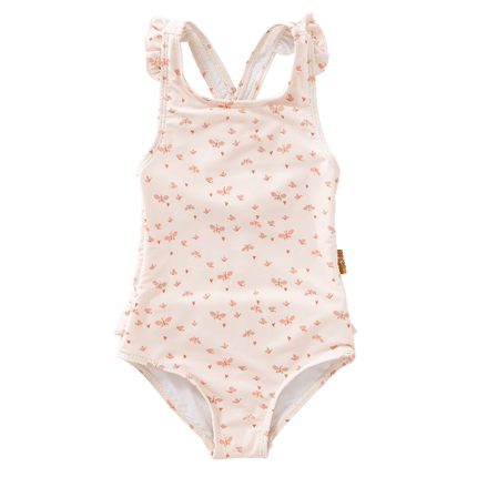 Cream-Butterfly print Fresk swim Tanksuit for girls with flared straps and summer stripes made from eco-friendly recycled nylon with SPF 50 protection—keeping your little angel safe, stylish, and ready for beach or pool fun.