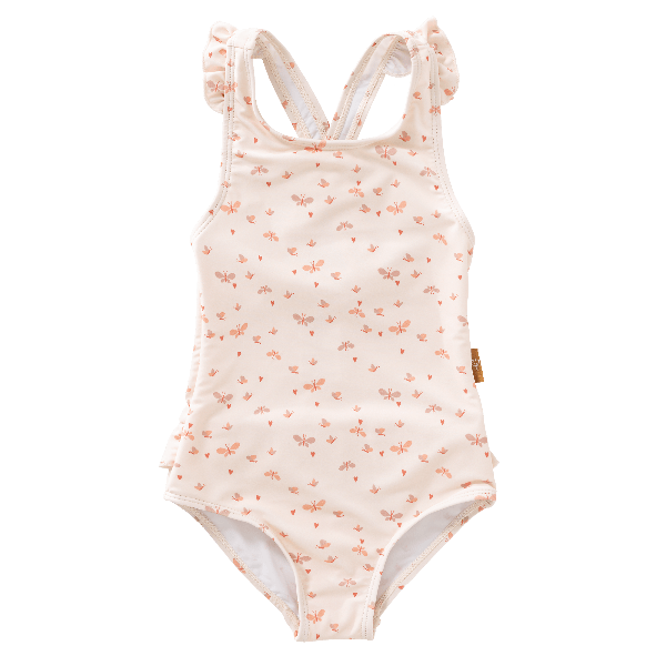Cream-Butterfly print Fresk swim Tanksuit for girls with flared straps and summer stripes made from eco-friendly recycled nylon with SPF 50 protection—keeping your little angel safe, stylish, and ready for beach or pool fun.