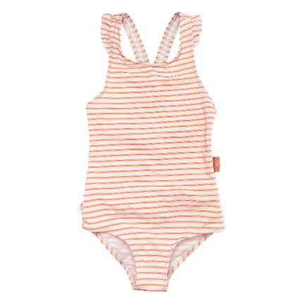 Cream-peach striped Fresk swim Tanksuit for girls with flared straps and summer stripes made from eco-friendly recycled nylon with SPF 50 protection—keeping your little angel safe, stylish, and ready for beach or pool fun.
