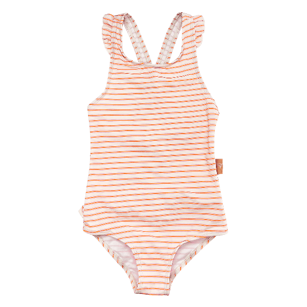 Cream-peach striped Fresk swim Tanksuit for girls with flared straps and summer stripes made from eco-friendly recycled nylon with SPF 50 protection—keeping your little angel safe, stylish, and ready for beach or pool fun.