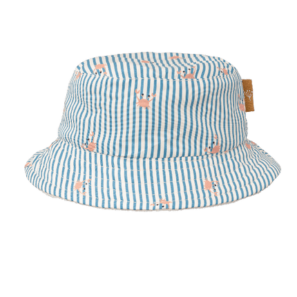Blue eco-friendly UV bucket hat for boys made from recycled nylon with soft terry lining and a secure chin cord—providing comfy, stay-put sun protection.
