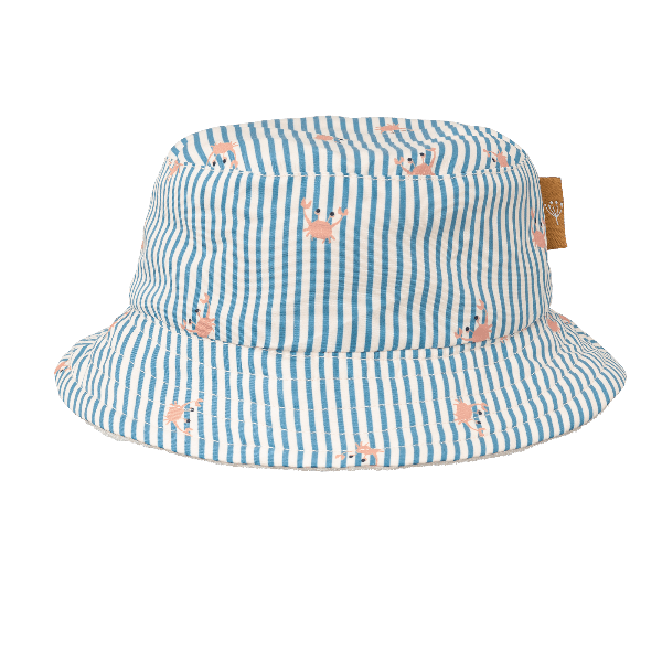 Blue eco-friendly UV bucket hat for boys made from recycled nylon with soft terry lining and a secure chin cord—providing comfy, stay-put sun protection.
