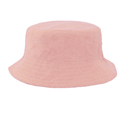 Peach eco-friendly UV Fresk reversible bucket hat for girls made from recycled nylon with soft terry lining and a secure chin cord—providing comfy, stay-put sun protection.
