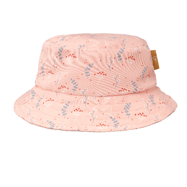 Peach eco-friendly UV Fresk reversible bucket hat for girls made from recycled nylon with soft terry lining and a secure chin cord—providing comfy, stay-put sun protection.