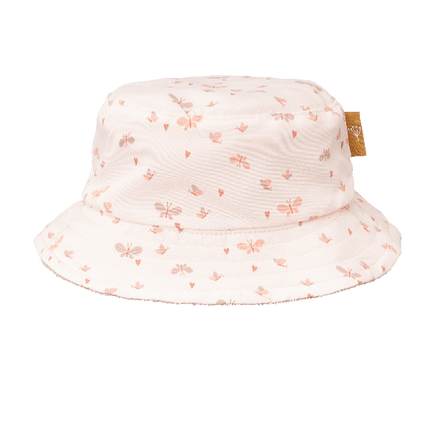 Cream-butterfly print eco-friendly UV Fresk reversible bucket hat for girls made from recycled nylon with soft terry lining and a secure chin cord—providing comfy, stay-put sun protection.
