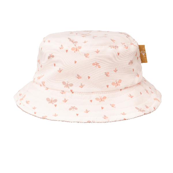 Cream-butterfly print eco-friendly UV Fresk reversible bucket hat for girls made from recycled nylon with soft terry lining and a secure chin cord—providing comfy, stay-put sun protection.

