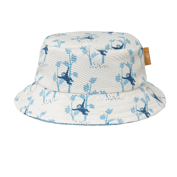 Cream-Monkey print eco-friendly UV Fresk bucket hat for boys made from recycled nylon with soft terry lining and a secure chin cord—providing comfy, stay-put sun protection.