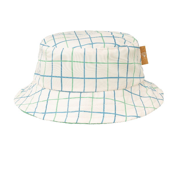 Cream eco-friendly UV Fresk reversible bucket hat for boys made from recycled nylon with soft terry lining and a secure chin cord—providing comfy, stay-put sun protection.