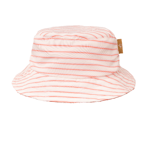 Cream-peach striped eco-friendly UV Fresk reversible bucket hat for girls made from recycled nylon with soft terry lining and a secure chin cord—providing comfy, stay-put sun protection.
