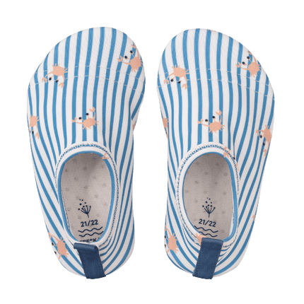 Blue-crab print UV swim shoes for boys with a flexible, grippy sole, reinforced toes, elastic fit, and fast-drying UPF50 fabric—perfect for sun-safe beach, pool, or indoor play.