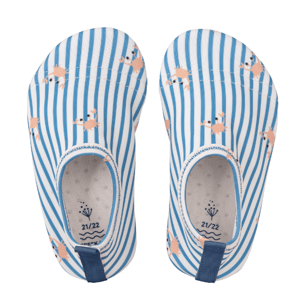 Blue-crab print UV swim shoes for boys with a flexible, grippy sole, reinforced toes, elastic fit, and fast-drying UPF50 fabric—perfect for sun-safe beach, pool, or indoor play.