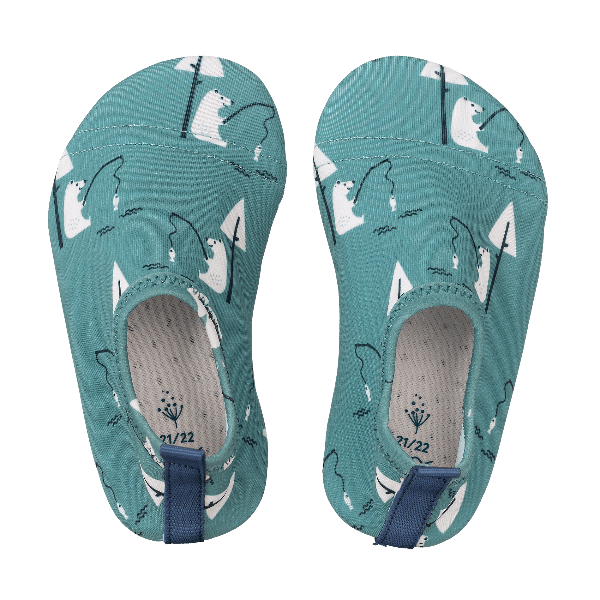 Teal Fresk swim shoes for boys with a flexible, grippy sole, reinforced toes, elastic fit, UV protection 50, and fast-drying fabric—perfect for sun-safe beach, pool, or indoor play.
 