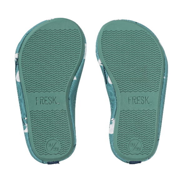 Teal-Bear print swim shoes for boys with a flexible, grippy sole, reinforced toes, elastic fit, UV protection 50, and fast-drying fabric—perfect for sun-safe beach, pool, or indoor play.
 