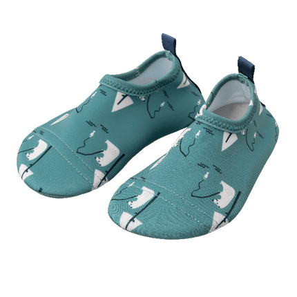 Teal swim shoes for boys with a flexible, grippy sole, reinforced toes, elastic fit, UV protection 50, and fast-drying fabric—perfect for sun-safe beach, pool, or indoor play.
 
 