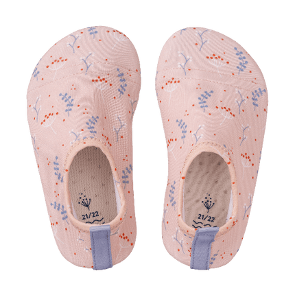 Peach-Mimosa print Fresk UV swim shoes for girls fwith a flexible, grippy sole, reinforced toes, elastic fit, UV protection 50, and fast-drying fabric—perfect for sun-safe beach, pool, or indoor play.
 