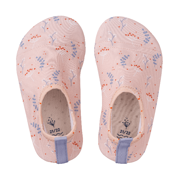 Peach-Mimosa print Fresk UV swim shoes for girls fwith a flexible, grippy sole, reinforced toes, elastic fit, UV protection 50, and fast-drying fabric—perfect for sun-safe beach, pool, or indoor play.
 