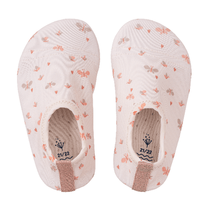 Cream-Butterfly print swim shoes for girls with a flexible, grippy sole, reinforced toes, elastic fit, UV protection 50, and fast-drying fabric—perfect for sun-safe beach, pool, or indoor play.
