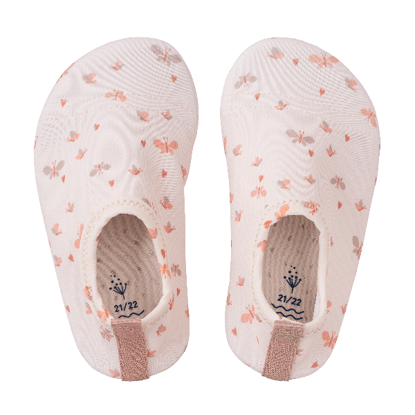 Cream-Butterfly print swim shoes for girls with a flexible, grippy sole, reinforced toes, elastic fit, UV protection 50, and fast-drying fabric—perfect for sun-safe beach, pool, or indoor play.