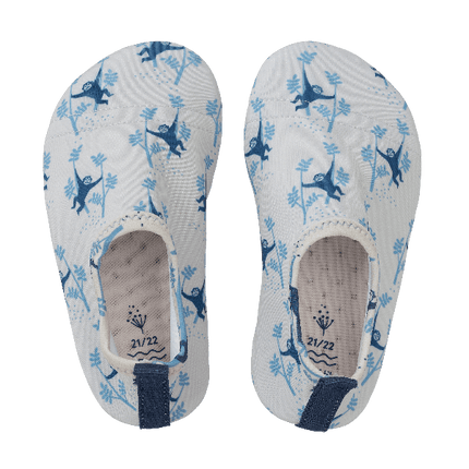 Cream-blue monkey print Fresk swim shoes for boys with a flexible, grippy sole, reinforced toes, elastic fit, UV protection 50, and fast-drying fabric—perfect for sun-safe beach, pool, or indoor play.
 
