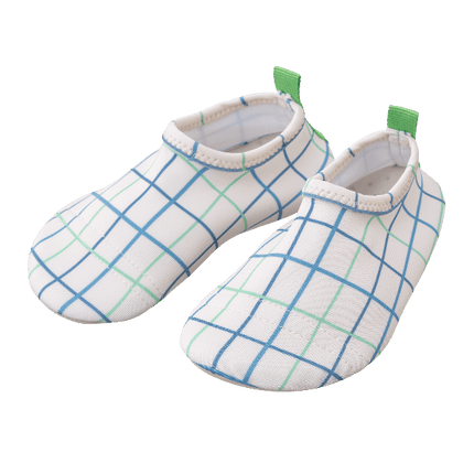 Cream with blue & green stripes Fresk swim shoes for boys with a flexible, grippy sole, reinforced toes, elastic fit, UV protection 50, and fast-drying fabric—perfect for sun-safe beach, pool, or indoor play.